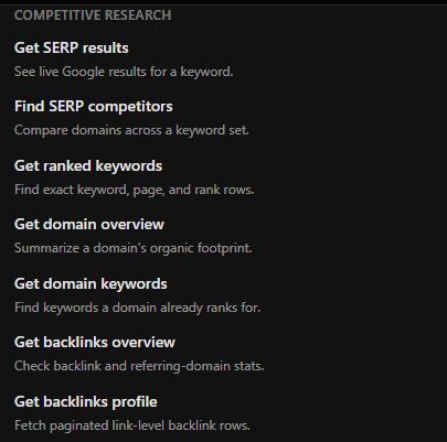 The PandaCrawl competitive research tool group, listing Get SERP results, Find SERP competitors, Get ranked keywords, Get domain overview, Get domain keywords, Get backlinks overview, and Get backlinks profile